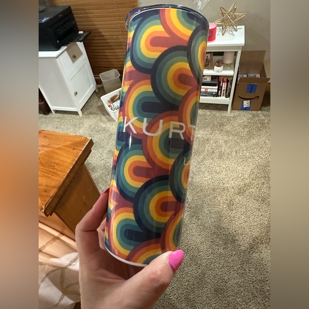 Kurt Geiger Colorful Rainbow Patterned Tumbler - 20 oz with straw - NWT